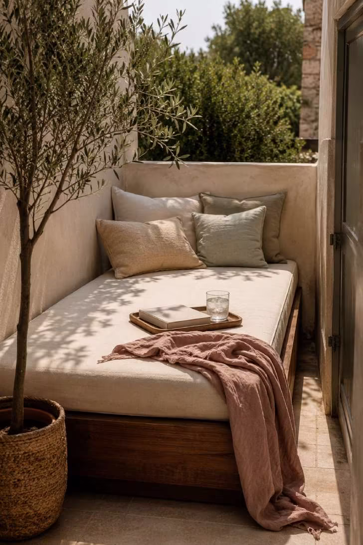 Narrow terrace daybed with cream linen cushions and sage pillows beside a potted olive tree in warm late-morning light