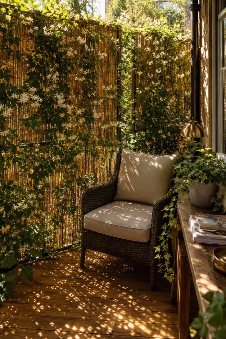 Small terrace privacy screen of reed panel with climbing jasmine, dark wicker armchair and dappled golden afternoon light on wood decking