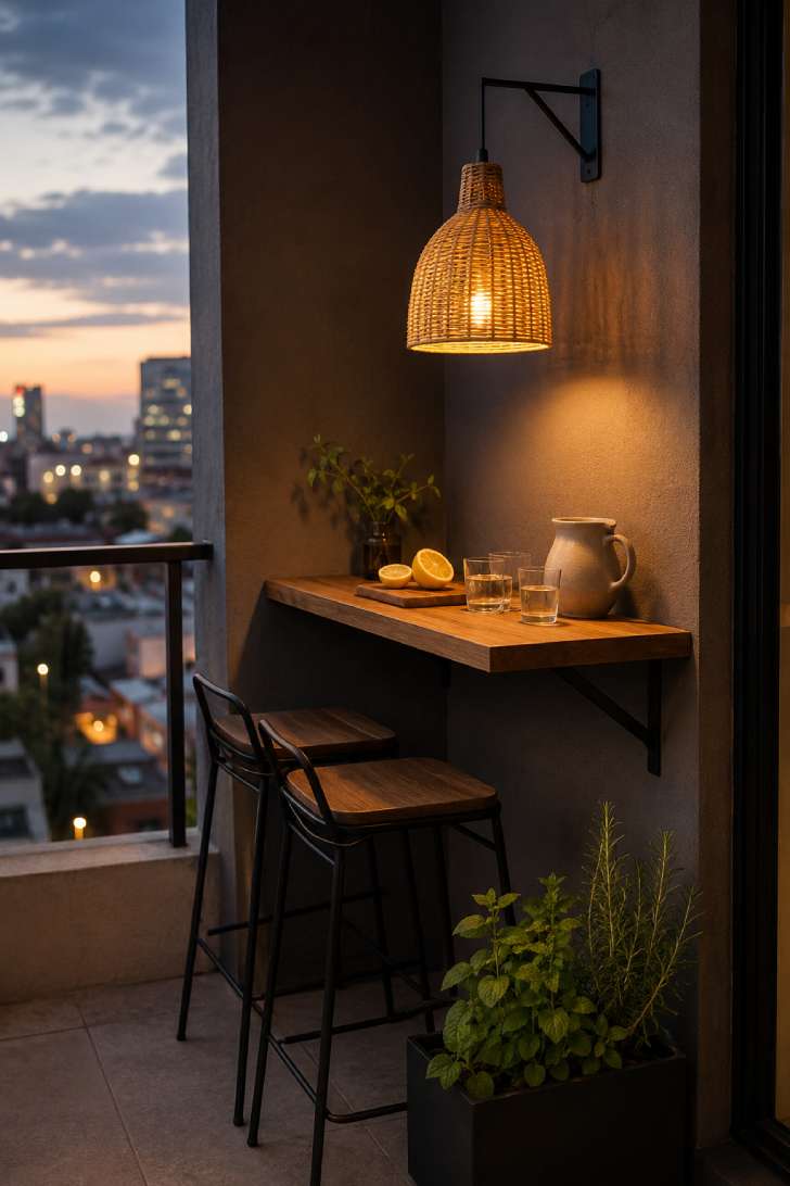 Narrow terrace bar corner with wall-mounted oak shelf, matte-black stools, rattan pendant light and herb planter in warm evening glow