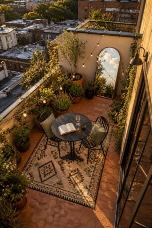 Cozy balcony view at sunset with string lights, plants, and a rug. A round table holds an open book and a wine glass, creating a tranquil atmosphere.