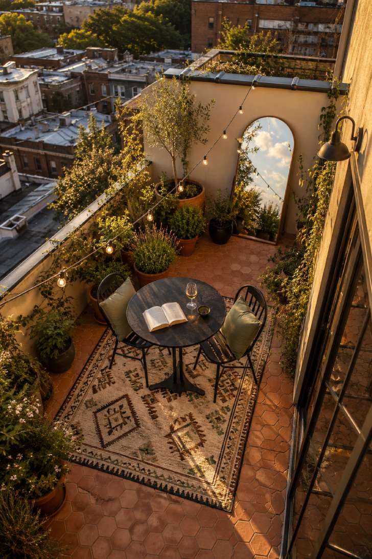 Cozy balcony view at sunset with string lights, plants, and a rug. A round table holds an open book and a wine glass, creating a tranquil atmosphere.