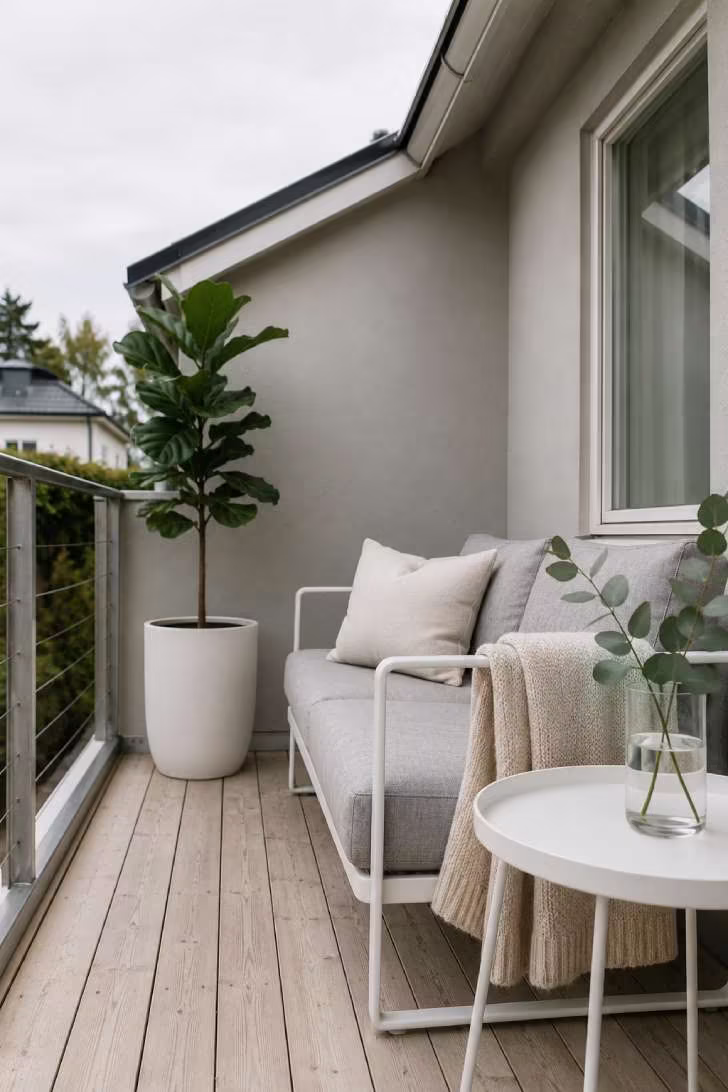 Scandinavian minimalist terrace with ash-wood decking, gray linen sofa, white metal frame and eucalyptus branch in morning light