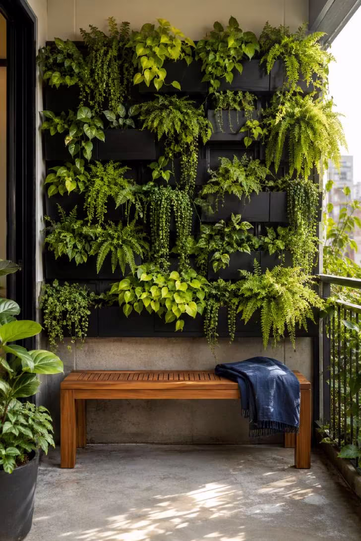 Lush vertical garden wall with trailing pothos and ferns in black pocket planters above a teak bench on a small city terrace