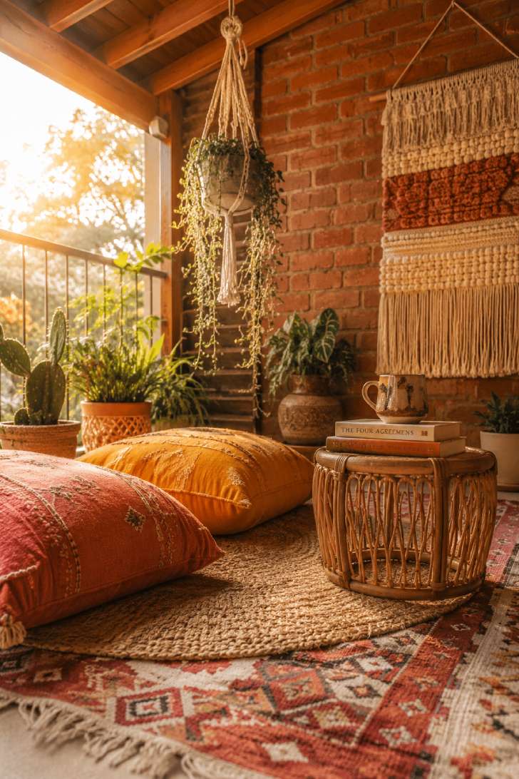 Boho reading nook on a small terrace with floor cushions, kilim rug, rattan table and macramé plant hanger in golden-hour light