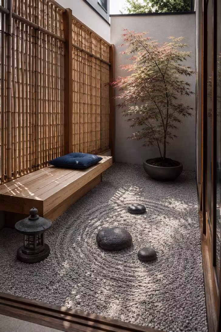 Japanese-inspired zen terrace with raked gravel, dark river stones, bamboo screen, hinoki platform and potted Japanese maple