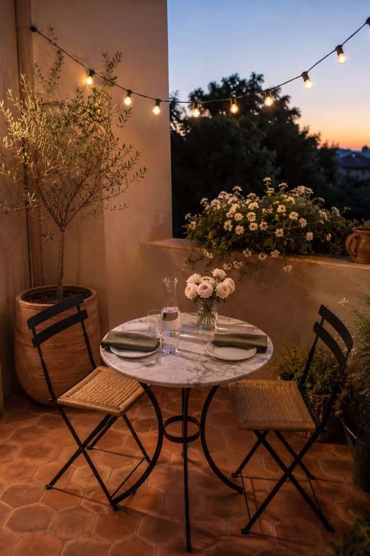 Intimate bistro dining setup on a small terrace with marble-top table, folding chairs, string lights and fresh roses in early evening