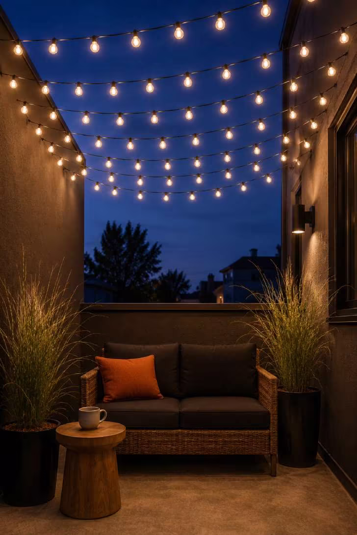 Small terrace with warm-white string-light canopy overhead, charcoal wicker loveseat and tall potted grasses at blue hour