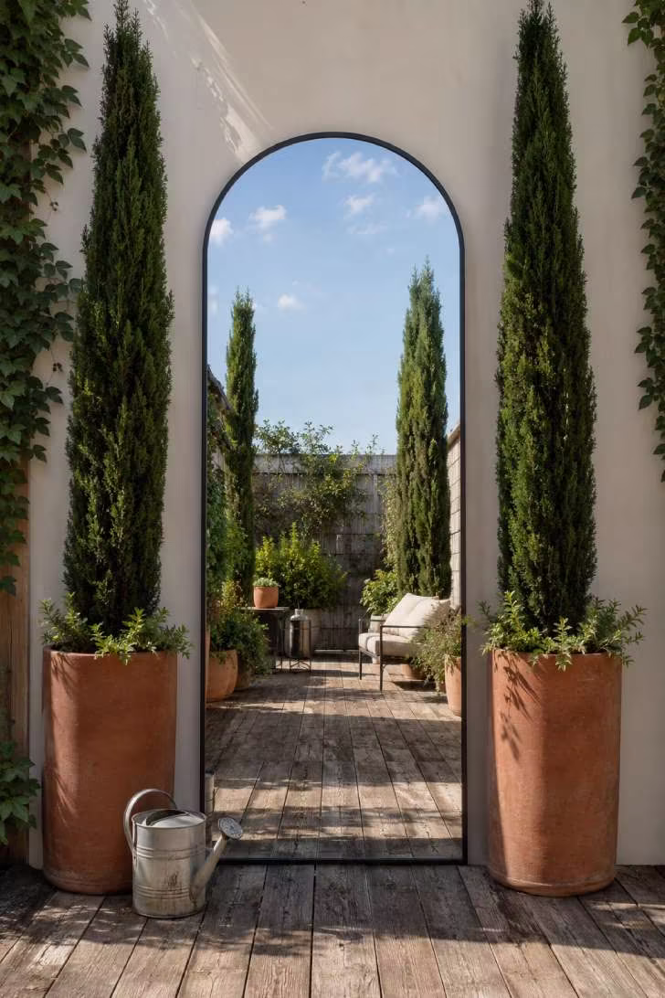 Small terrace with large arched mirror reflecting greenery and sky, flanked by Italian cypress in terracotta planters on reclaimed wood decking
