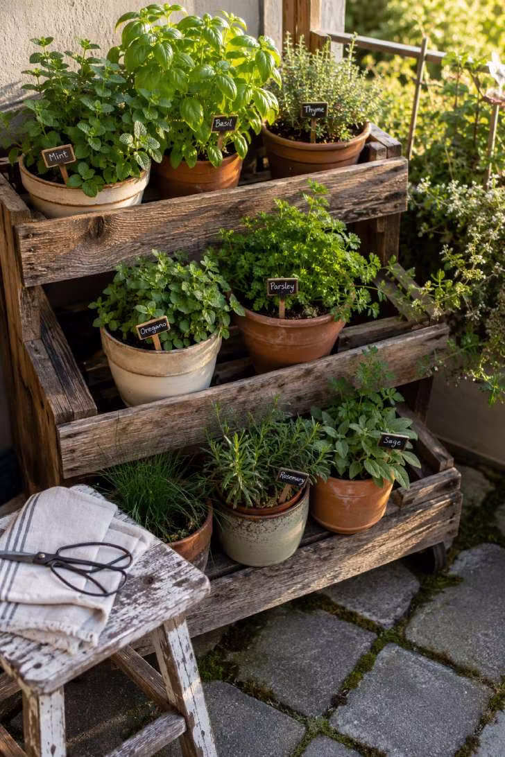 Herb garden terrace with tiered reclaimed-wood plant stand, mismatched pots of basil and mint, and morning light backlighting the leaves