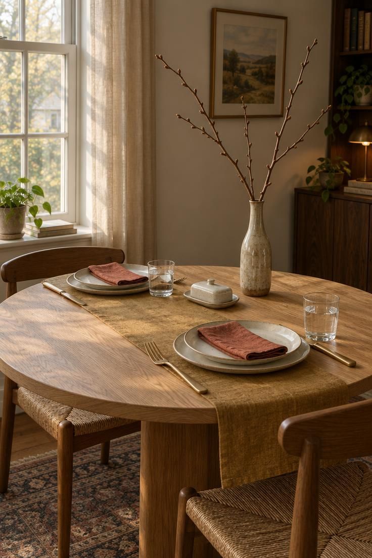 10 Warm Small Thanksgiving Table Decor Ideas for Close Meals 1 A round white oak table for two with cream plates, rust linen napkins, and a slender ceramic vase holding bare branches placed off-center toward the back corner.