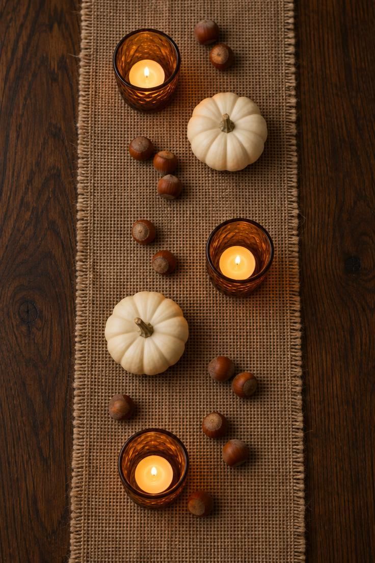 10 Warm Small Thanksgiving Table Decor Ideas for Close Meals 2 An overhead view of a narrow burlap runner on a dark oak table with three lit amber glass votives, scattered hazelnuts, and two miniature white pumpkins.