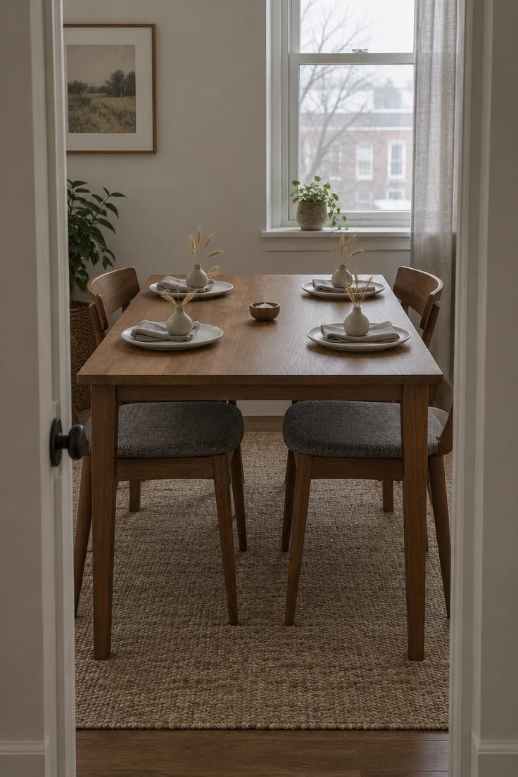 10 Warm Small Thanksgiving Table Decor Ideas for Close Meals 3 A small dining nook seen from a doorway, with four place settings each holding a white plate, gray napkin, and small stoneware vase of dried wheat.