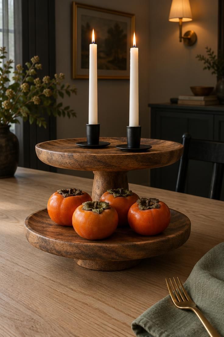 10 Warm Small Thanksgiving Table Decor Ideas for Close Meals 4 A close-up of a two-tier mango wood stand with orange persimmons below and two lit white taper candles in black holders above, beside a sage linen napkin.