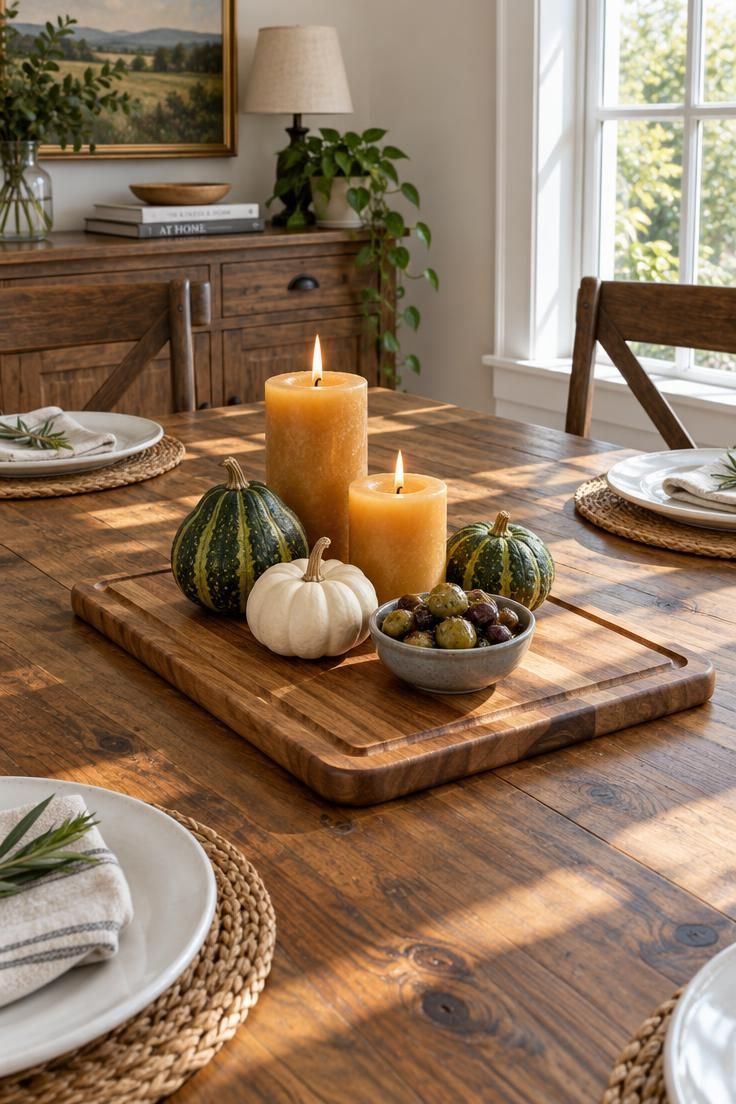 10 Warm Small Thanksgiving Table Decor Ideas for Close Meals 5 A farmhouse table with a centered acacia cutting board holding lit pillar candles, mini gourds, and a gray dish of olives, with four place settings partly in view.