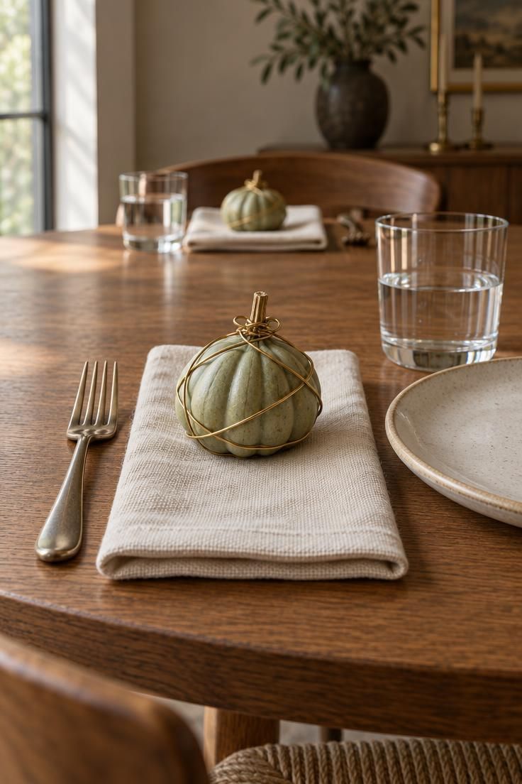 10 Warm Small Thanksgiving Table Decor Ideas for Close Meals 6 A round oak table place setting with a sage gourd wrapped in brass wire resting on a cream linen napkin above a fork.