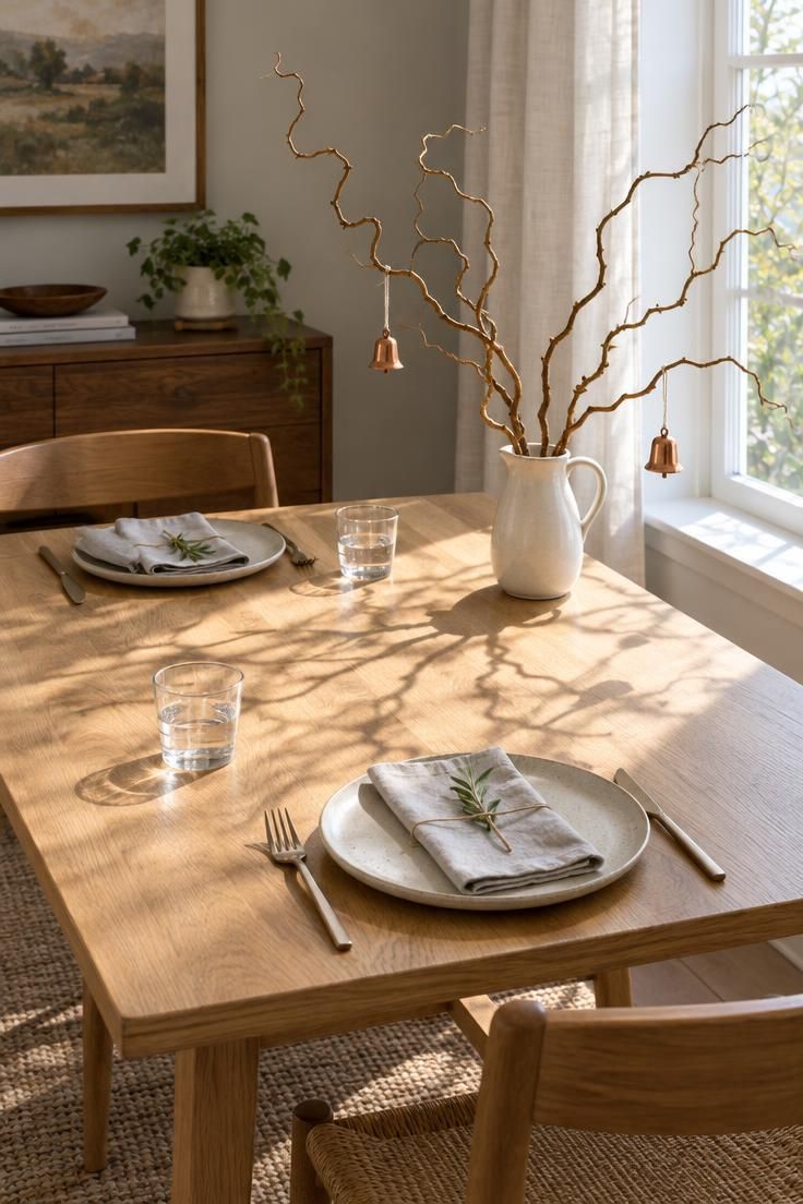 10 Warm Small Thanksgiving Table Decor Ideas for Close Meals 9 A light oak table for two with a white ceramic pitcher of curly willow branches near the back edge, two copper bells hanging from lower branches, and cream plates in front.