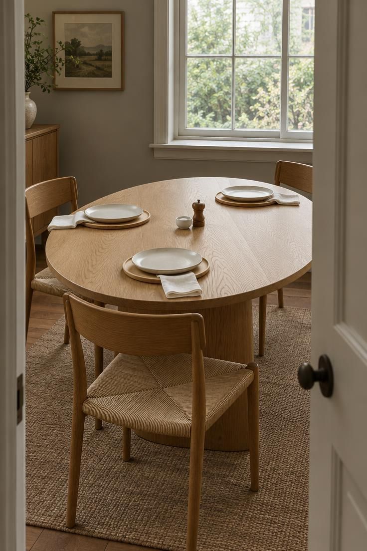 10 Warm Small Thanksgiving Table Decor Ideas for Close Meals 10 An oval pale oak table set for three seen from a doorway, with cream plates on birch chargers, ivory napkins, and only a salt cellar and pepper grinder at the center.