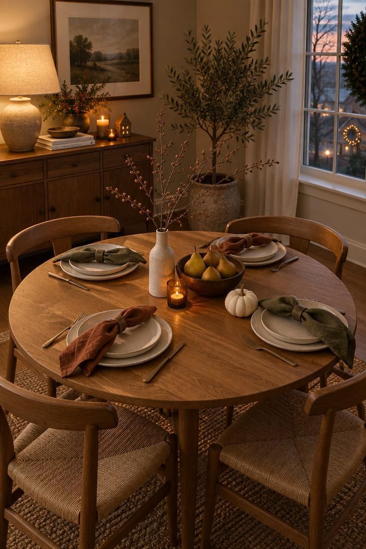 Simple Spaces 23 A small round table for four in a warm home dining room, set with cream plates, rust and olive napkins, an off-center vase of bare branches, a lit amber votive, and a low bowl of pears.