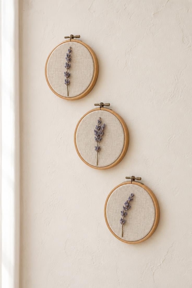 13 Stunning Small Wall Decor Ideas for a Cozy Home 1 Three small embroidery hoops with dried lavender on cream plaster wall