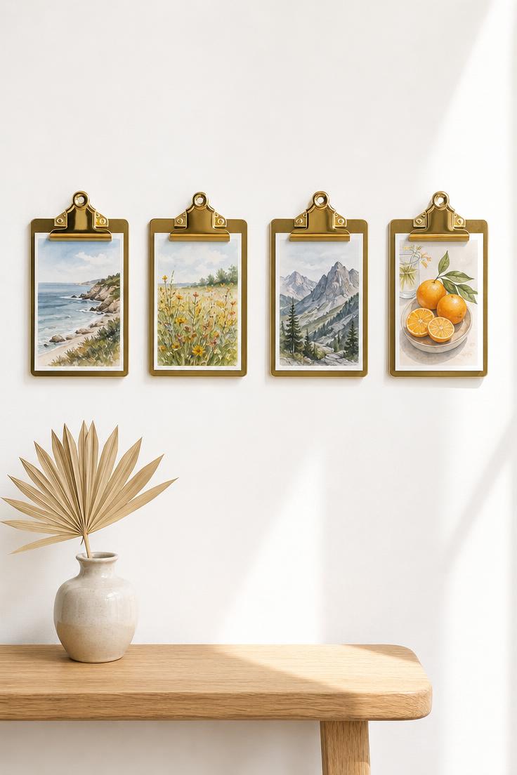 13 Stunning Small Wall Decor Ideas for a Cozy Home 2 Four brass clipboards holding watercolor postcards on a white wall above a console table