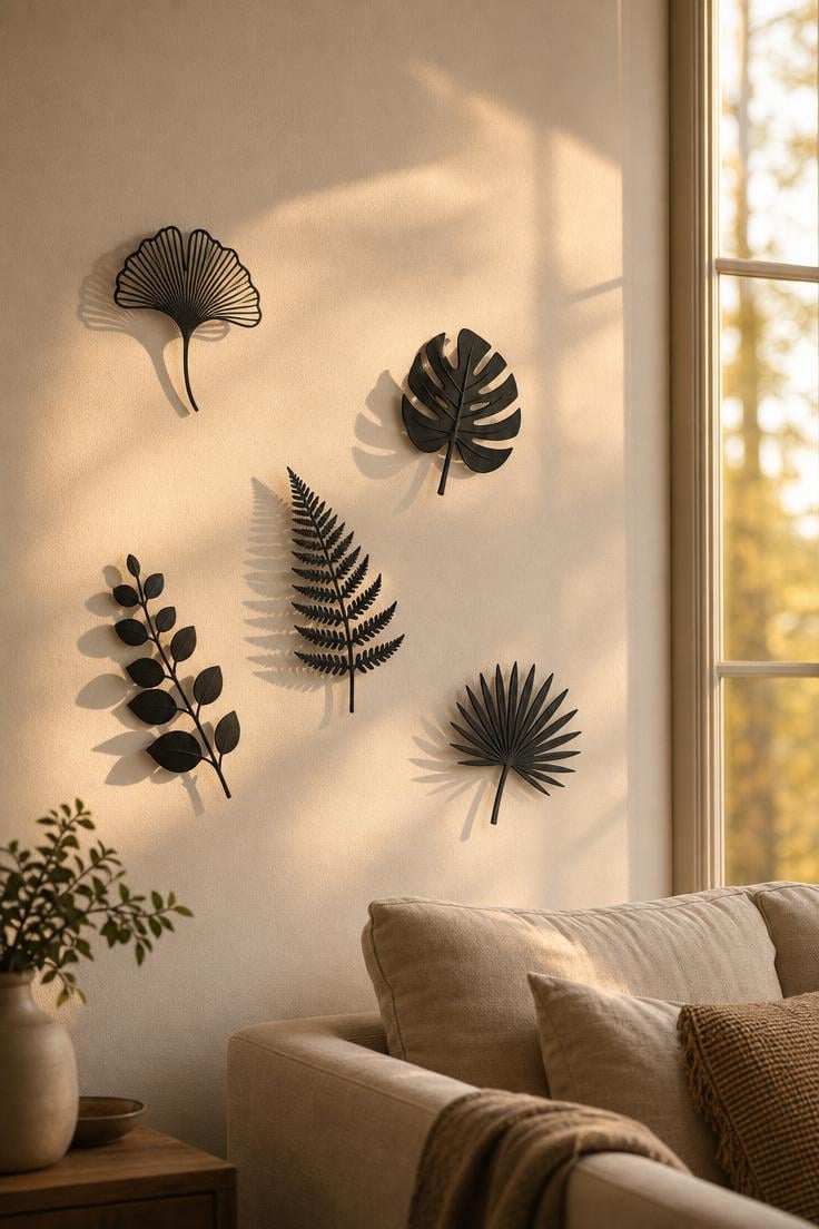 13 Stunning Small Wall Decor Ideas for a Cozy Home 3 Matte black metal leaf silhouettes scattered on a warm white wall with golden light
