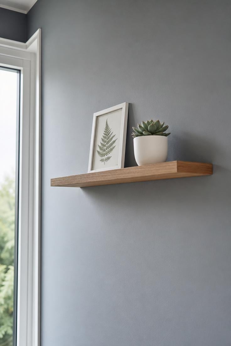 13 Stunning Small Wall Decor Ideas for a Cozy Home 4 Slim oak floating shelf with framed botanical print and potted succulent on gray blue wall