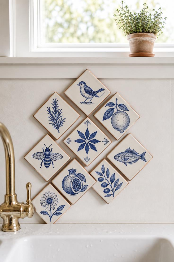13 Stunning Small Wall Decor Ideas for a Cozy Home 5 Nine hand-painted ceramic tiles in diamond pattern above white kitchen sink