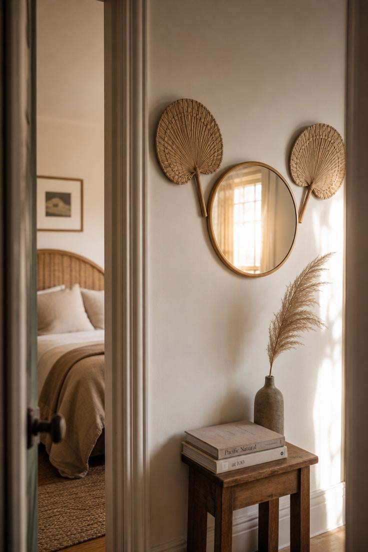 13 Stunning Small Wall Decor Ideas for a Cozy Home 6 Two woven straw fans flanking a small round mirror on a warm white bedroom wall