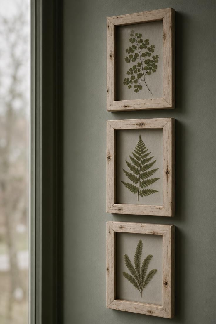 13 Stunning Small Wall Decor Ideas for a Cozy Home 7 Three small birch-framed pressed ferns in vertical column on sage green wall