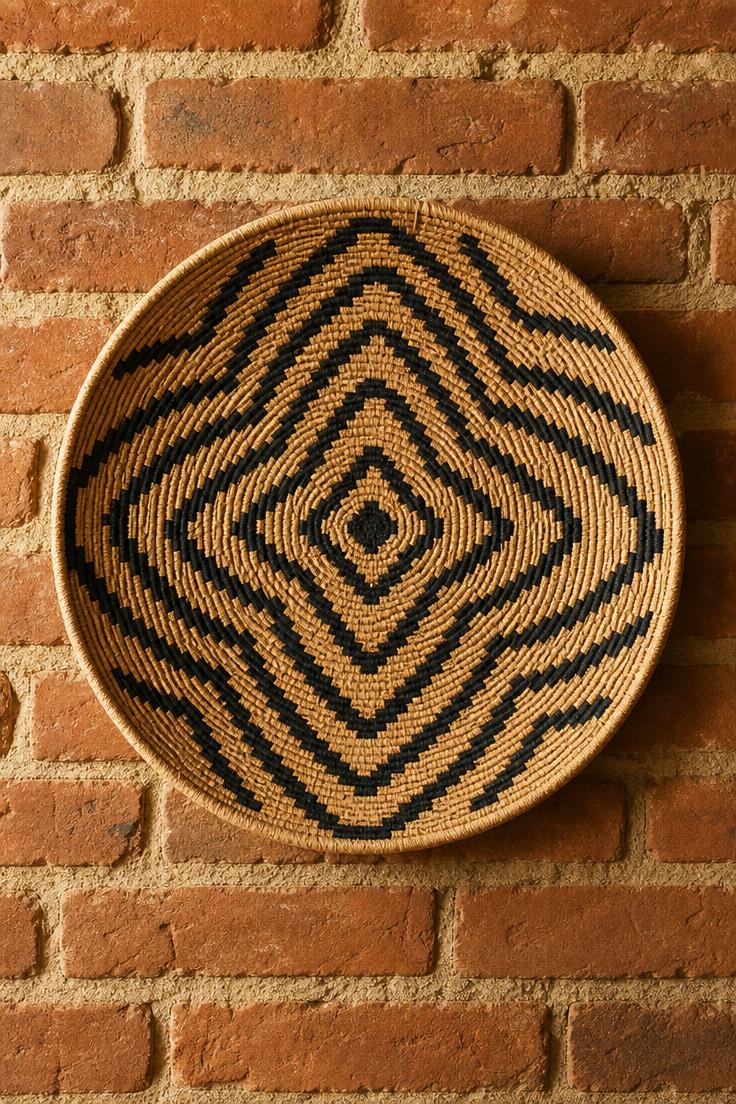 13 Stunning Small Wall Decor Ideas for a Cozy Home 8 Large woven basket with black geometric stitching centered on exposed brick wall