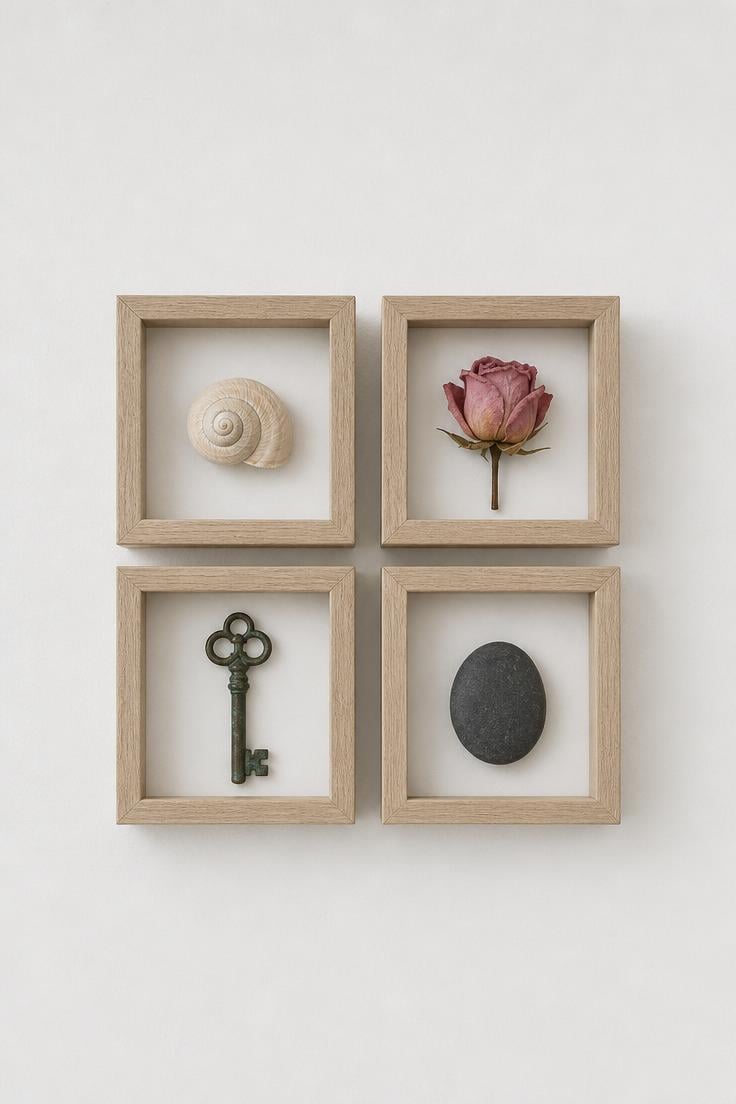 13 Stunning Small Wall Decor Ideas for a Cozy Home 9 Four small shadow boxes in a grid holding a seashell, dried rose, brass key, and river stone