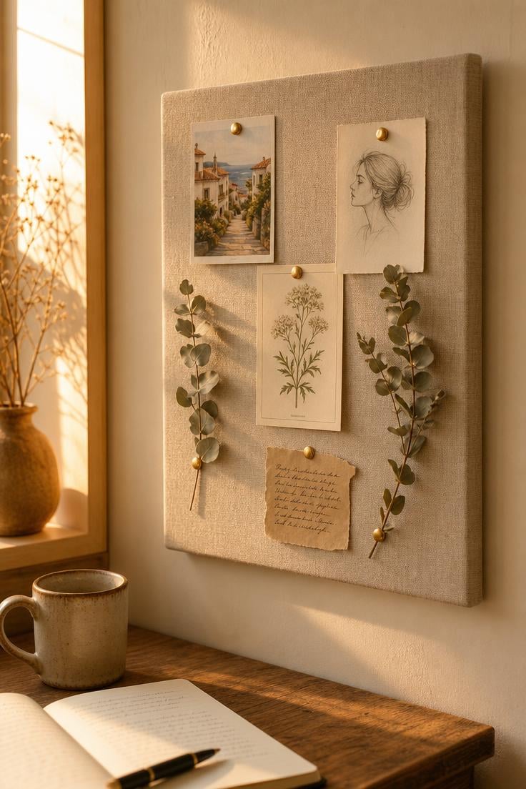 13 Stunning Small Wall Decor Ideas for a Cozy Home 10 Linen-covered pinboard with postcards, dried eucalyptus, and brass tacks on warm wall