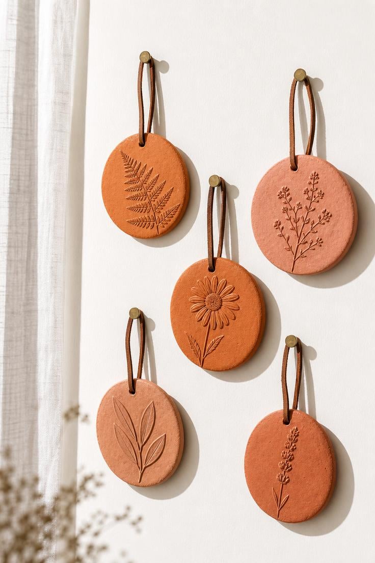 13 Stunning Small Wall Decor Ideas for a Cozy Home 11 Five terracotta clay medallions with botanical imprints hung on white wall with leather cords