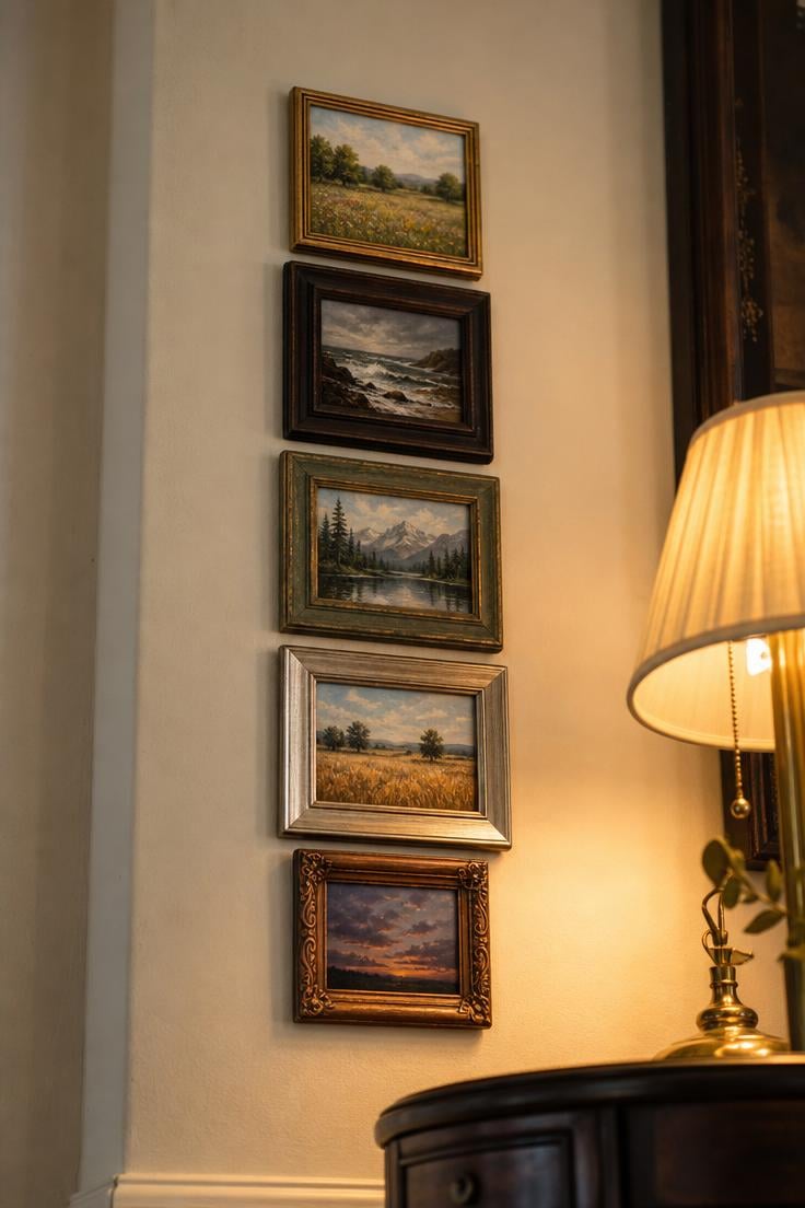13 Stunning Small Wall Decor Ideas for a Cozy Home 12 Five tiny landscape paintings in mismatched vintage frames stacked vertically on cream wall
