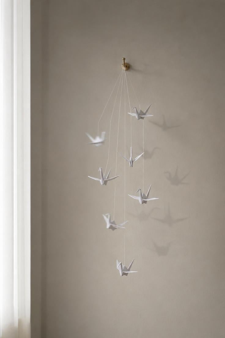 13 Stunning Small Wall Decor Ideas for a Cozy Home 13 Seven white origami crane mobile hanging from brass wall hook on gray wall with crane shadows