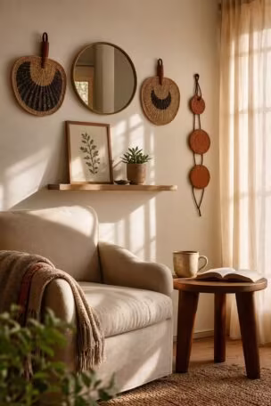 13 Stunning Small Wall Decor Ideas for a Cozy Home 15 Cozy living room corner with curated small wall decor including woven fans, floating shelf, and clay medallions in warm afternoon light