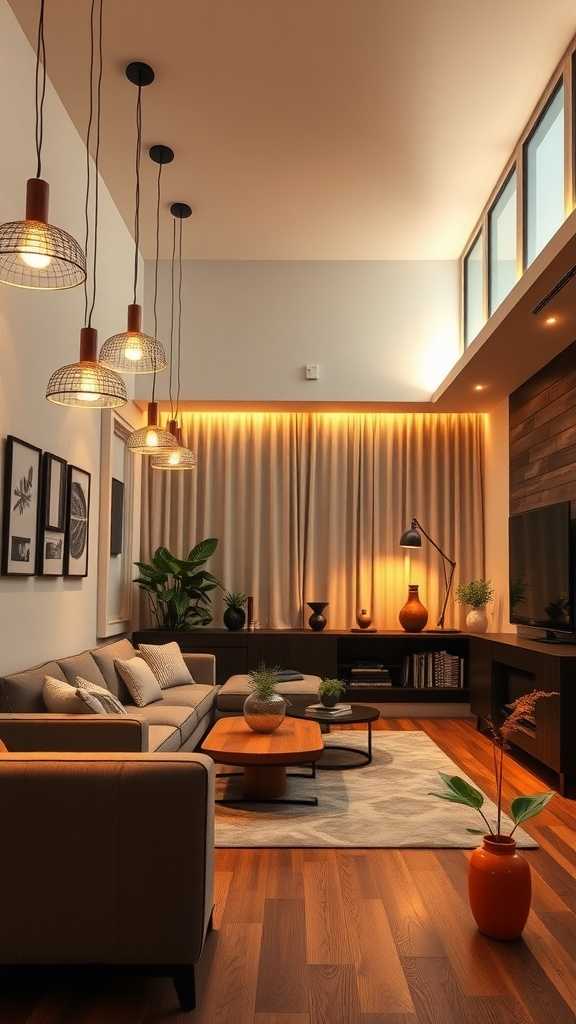 A modern minimalist living room featuring stylish lighting and simple decor.