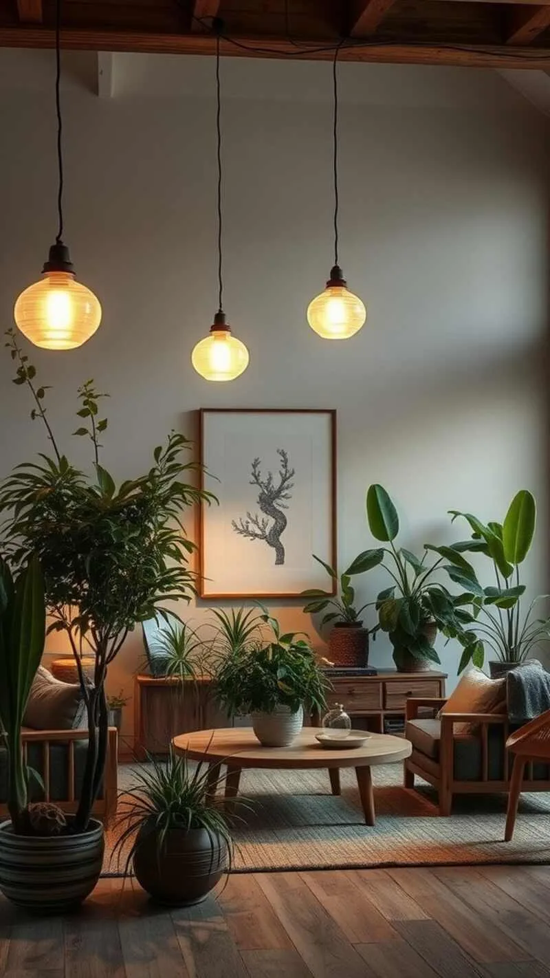 19 Wabi-Sabi Living Room Ideas for a Cozy & Timeless Space 6 Warmly lit living room with pendant lights and candles creating a cozy atmosphere.