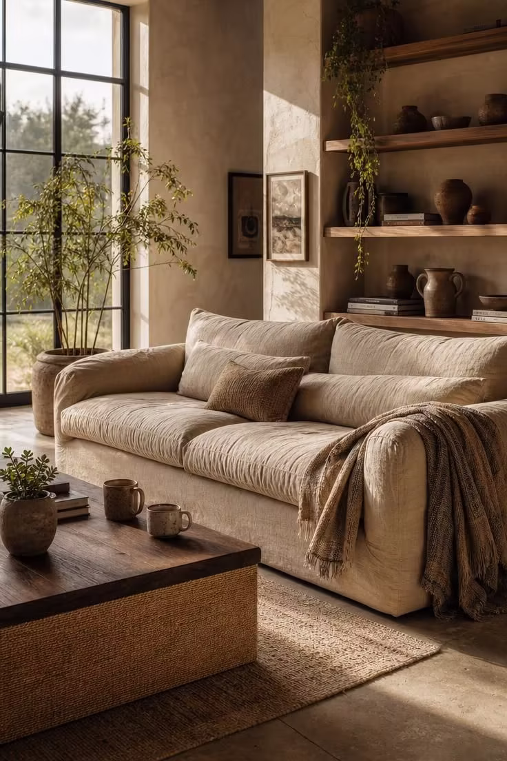 A washed linen sofa on scored concrete floors with a jute-bound coffee table in a warm soft industrial living room