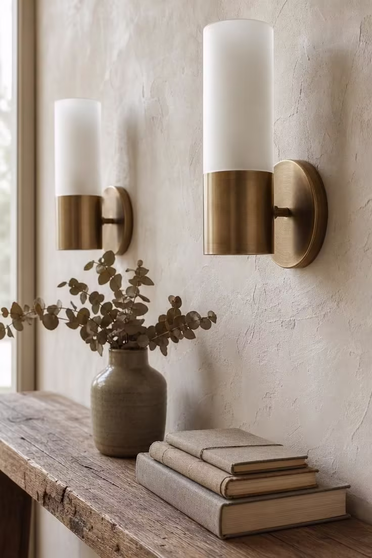 Brushed brass sconces with frosted shades on a limewashed plaster wall in a soft industrial hallway