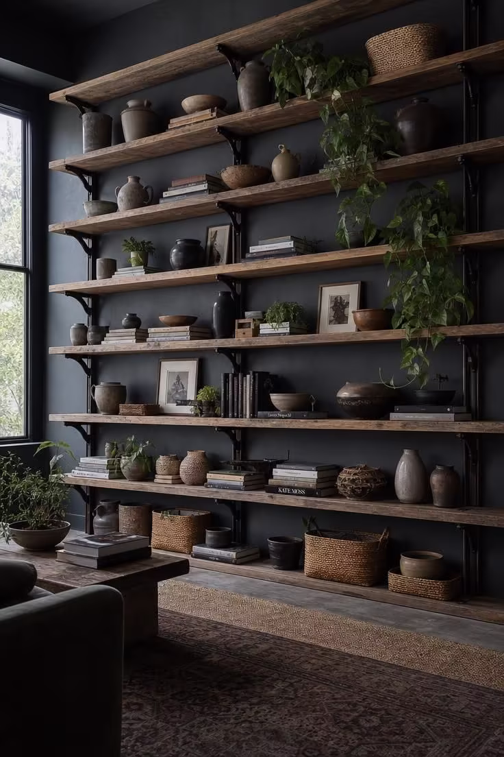 Weathered oak open shelving with iron brackets displaying ceramics and trailing plants in a soft industrial room