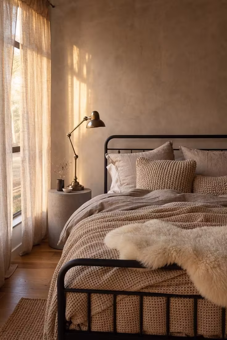 Matte black steel bed frame with oatmeal waffle-knit blankets and linen bedding in a warm industrial bedroom