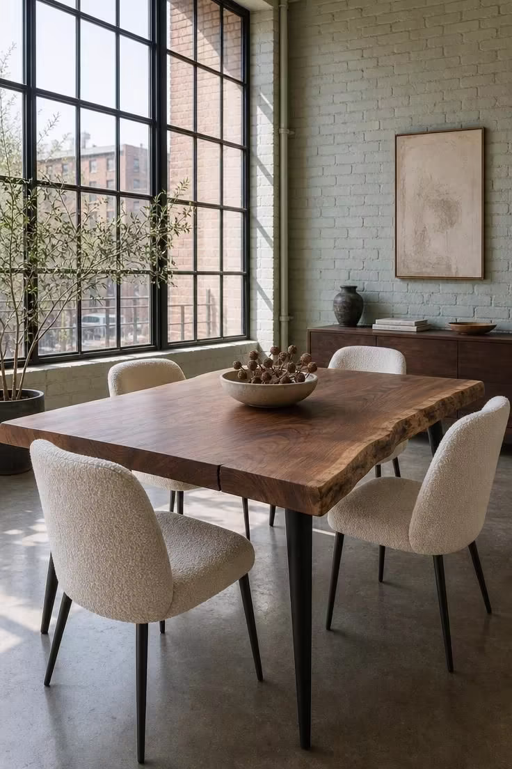 Raw walnut slab dining table on steel legs with bouclé chairs in a bright soft industrial dining room