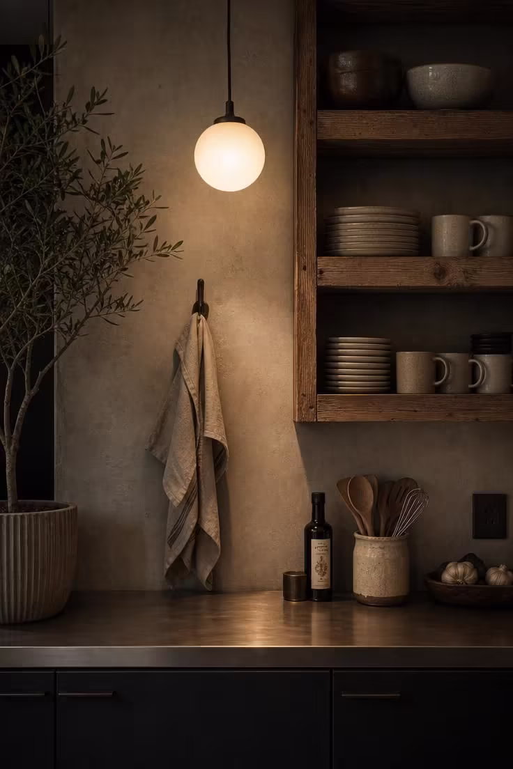 Frosted glass globe pendant light over a matte steel kitchen counter with open shelving in a soft industrial kitchen