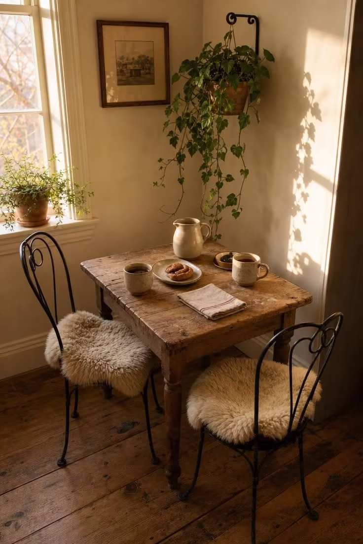 Sheepskin-draped metal bistro chairs at a reclaimed pine breakfast table in a warm industrial nook