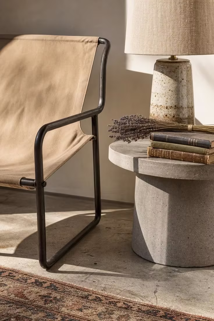Canvas and steel accent chair beside a ceramic table lamp on a concrete side table in a soft industrial corner