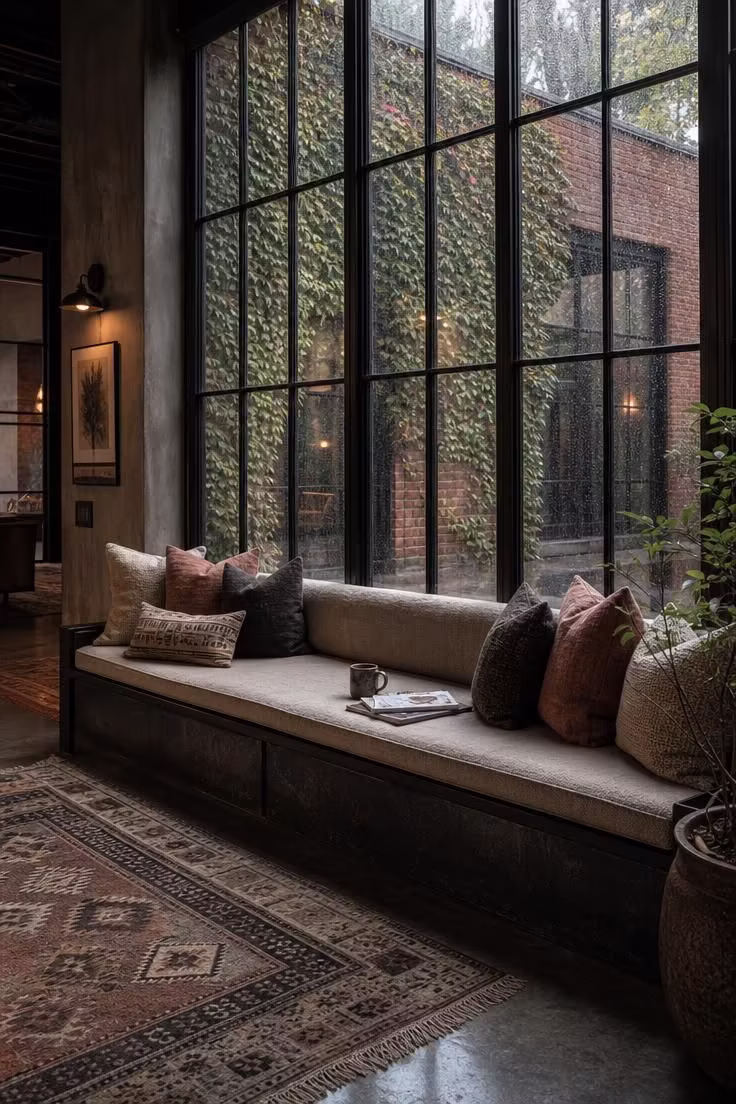Woven wool throw pillows on a blackened steel window bench with layered rugs and industrial windows