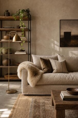 A warm soft industrial living room with a linen sofa, iron shelving, reclaimed wood, and brass lighting on concrete floors