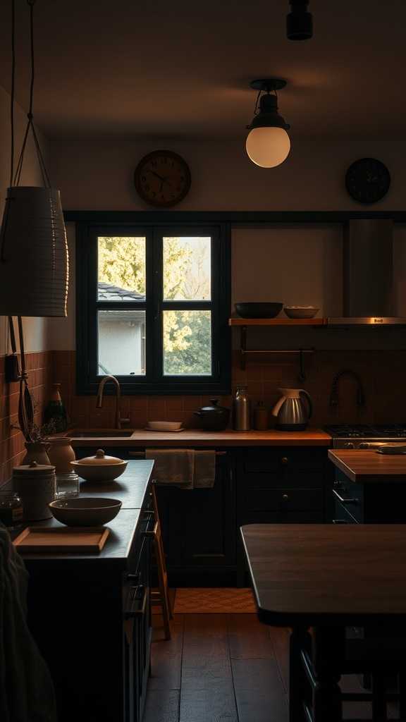 A dimly lit kitchen showcasing soft lighting and a rustic ambiance, featuring wooden countertops and gentle decor.