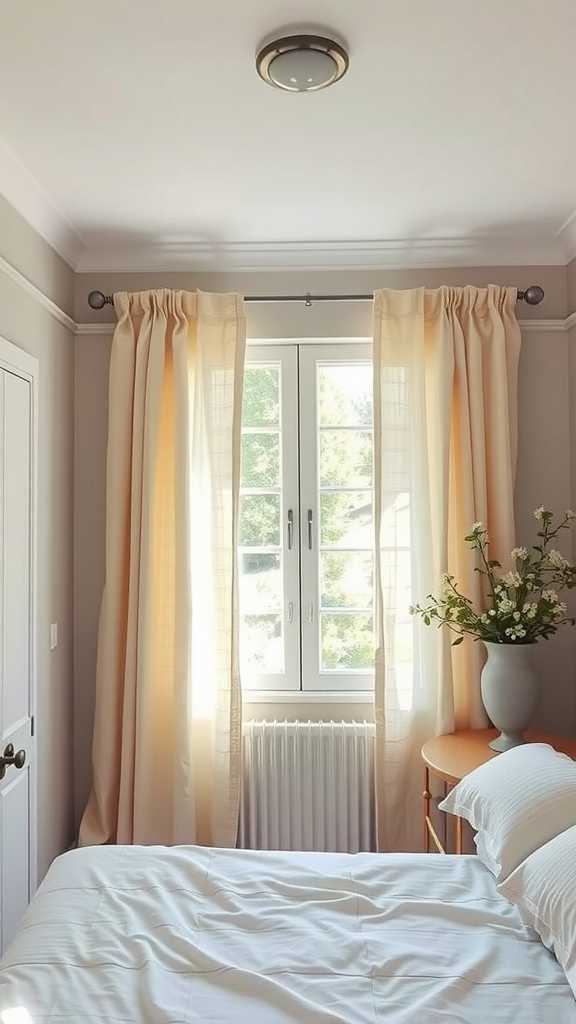 A rustic farmhouse bedroom with soft, sheer curtains letting in sunlight near a window.